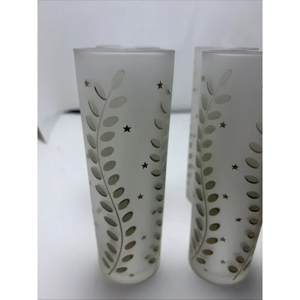 6 Libbey Tom Collins Zombie Frosted Glasses Ferns & Gold Stars 12oz 7x2.5
